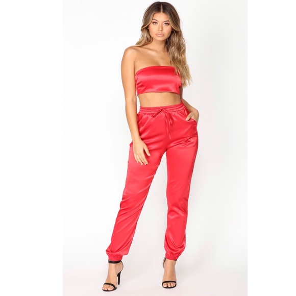 red satin 2 piece set